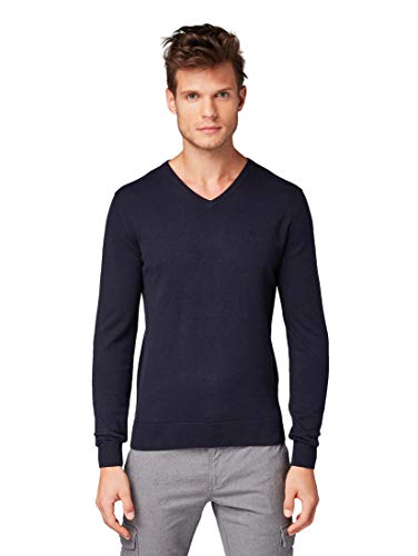 Tom Tailor V-Neck suéter, Azul (Knitted Navy Melange 13160), Medium para Hombre