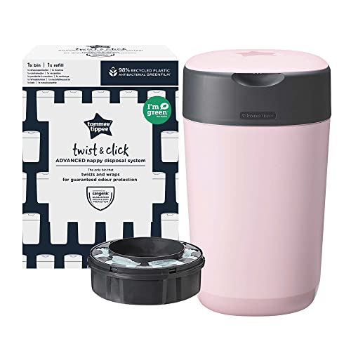 Tommee Tippee - Contenedor Para Pañales Avanzado Twist And Click, Nuevo Sistema Ecológico, Incluye 1 Recambio Con Película Greenfilm Antibacteriana Y Sostenible, Unisex, Rosa