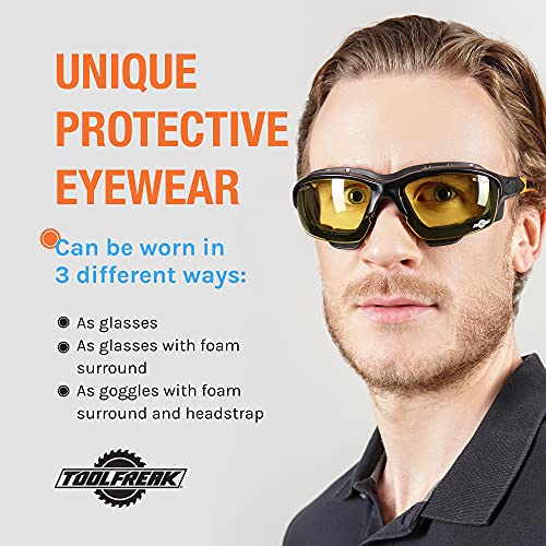 ToolFreak Spoggles Gafas de Seguridad para Trabajo y Deporte, Cristales HD Amarillos, ,Protección contra Rayos UV e Impactos, Acolchado de Espuma, con bolsa