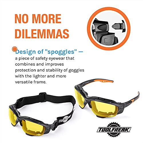 ToolFreak Spoggles Gafas de Seguridad para Trabajo y Deporte, Cristales HD Amarillos, ,Protección contra Rayos UV e Impactos, Acolchado de Espuma, con bolsa