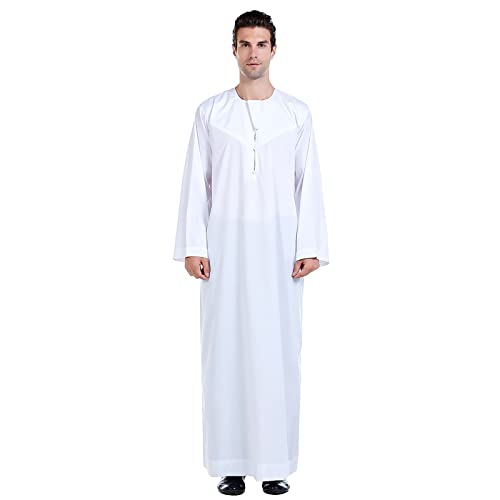 Traje de Hombre Musulmán Traje árabe para Traje de Hombre de Manga Larga Abaya Kaftan Islámico Bata de Cuello Redondo con Cremallera Estampada Media árabe Musulmana (E White, 3XL)