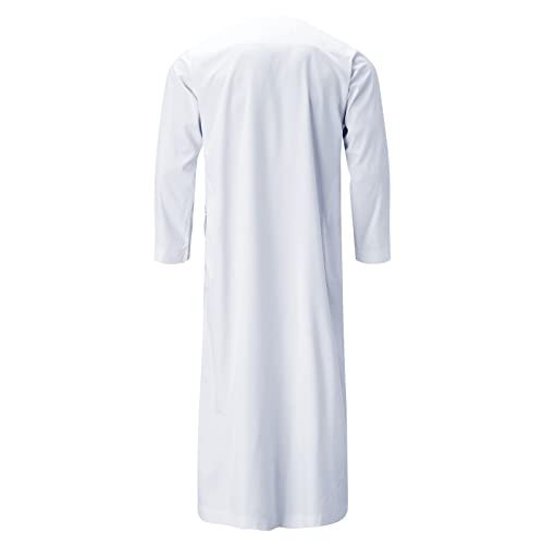 Traje de Hombre Musulmán Traje árabe para Traje de Hombre de Manga Larga Abaya Kaftan Islámico Bata de Cuello Redondo con Cremallera Estampada Media árabe Musulmana (E White, 3XL)