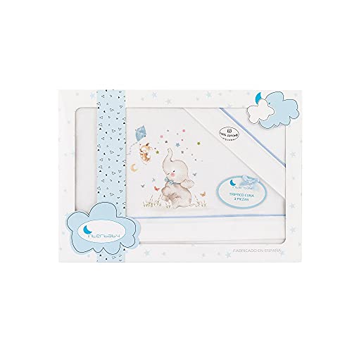 Triptico Sabanas 100% Algodón Minicuna 50X80 - (bajera+encimera+funda almohada) (Elefante azul)