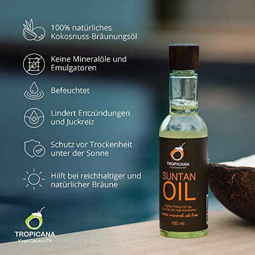 Tropicana Oil Aceite bronceador natural de coco, 100 ml, cosmética natural, con aceite de girasol, aceite de almendra dulce, aceite de argán, extracto aloe y extracto de tomate, sin aceites minerales