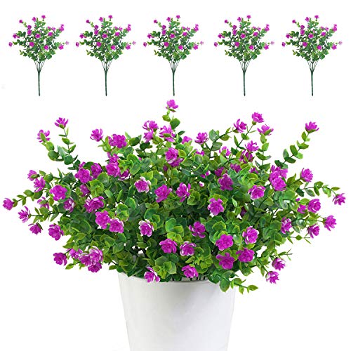 TSHAOUN 5 piezas Flores Artificiales Flor Falsas,Arbustos Verdes Resistentes a Los Rayos UV Plantas para Colgar en Interiores y Exteriores,para Casa Jardín Ventana Fiesta Boda Decoración (Fucsia)