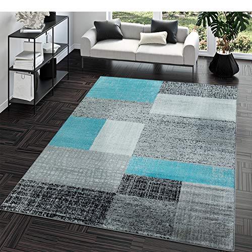 TT Home Alfombra Diseño Salón Moderna Pelo Corto Cuadros Turquesa Gris Blanco, Tamaño:200x280 cm