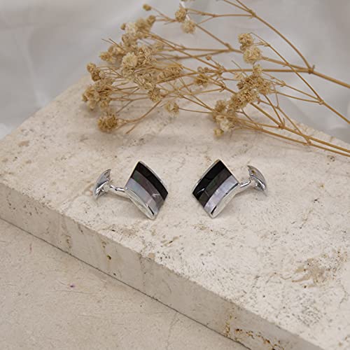 Tuscany Silver Men's Sterling Silver Square White and Grey Mother of Pearl and Black Onyx Cufflinks