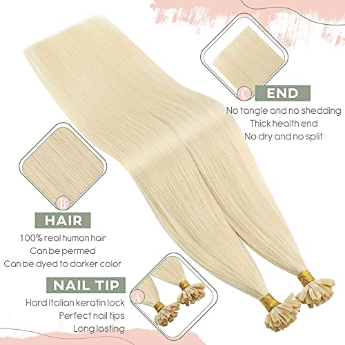 Ugeat Extensiones Keratina Rubio Platino #60 Hot Fusion Pre Bonded Extensions 14 Pulgadas U Tip Extensiones Queratina Pelo Natural 1g/s Total 50Gramo