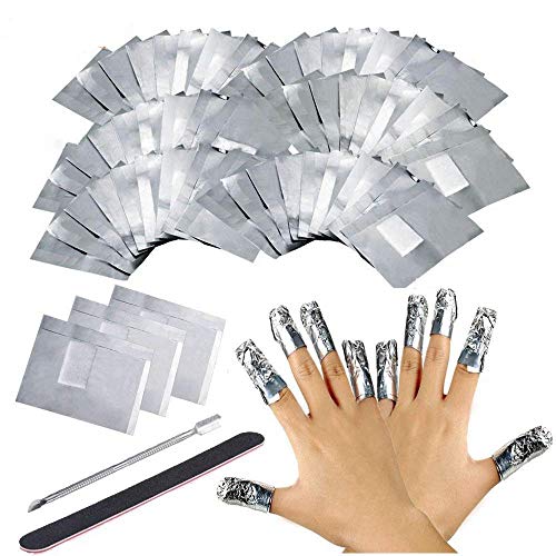 Ultra-delgado 200 pcs Aluminio Foil Nail Wraps con 1pcs franja lima de uñas y 1pcs empujador de la cutícula,Elimina Esmalte de Uñas de Gel Rápido y Fácil