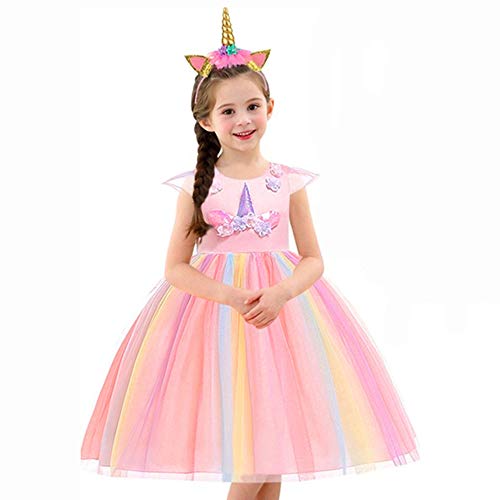 URAQT Disfraz Unicornio Niña, Vestidos Unicornio Niña, Disfraz de Princesa, para Fiesta de Cosplay, Boda, Partido,Vestido de Princesa 130 cm