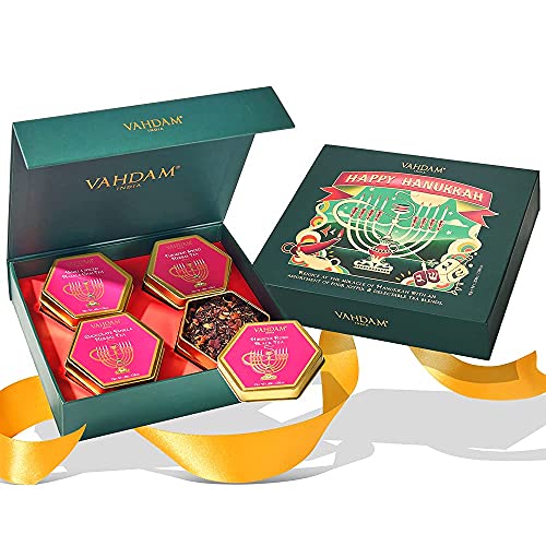 VAHDAM, Hanukkah De Regalo De Té | Regalos Feliz Hanukkah Para Mujeres Y Hombres, 4 Tés Galardonados en Una Caja De Regalo De Té De Lujo, Edición Limitada, 100 Porciones