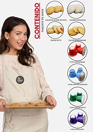 Valeli, Cesta Café cápsulas Espresso, Descafeinado, Lungo y Ristretto compatibles con Nespresso más surtido de cookies, galletas artesanas, pastas de te.Set cafe regalo original.Desayuno,Cumpleaños