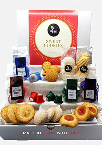 Valeli, Cesta Café cápsulas Espresso, Descafeinado, Lungo y Ristretto compatibles con Nespresso más surtido de cookies, galletas artesanas, pastas de te.Set cafe regalo original.Desayuno,Cumpleaños