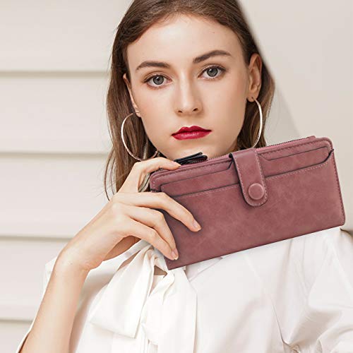 VASCHY Billetera Mujer,Carteras de Mujer Piel Monedero Mujer Grande Bolso Movil de Piel para Dama con Múltiple Ranuras Tarjetas y Bolsillo con Cremallera Marrón (Rosa Loto-Desmontable)