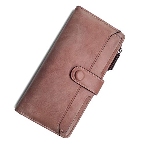 VASCHY Billetera Mujer,Carteras de Mujer Piel Monedero Mujer Grande Bolso Movil de Piel para Dama con Múltiple Ranuras Tarjetas y Bolsillo con Cremallera Marrón (Rosa Loto-Desmontable)