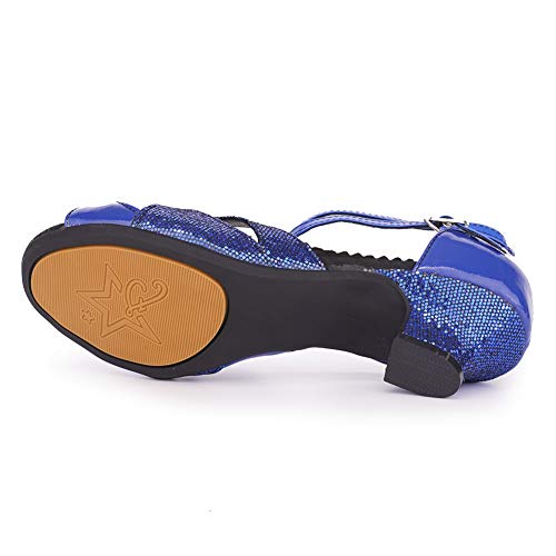 VCIXXVCE Sandalias de Fiesta de Boda para Mujer, Zapatos de Baile Latino de tacón bajo con Brillo, Modelo DY-05, Azul, EU 37.5