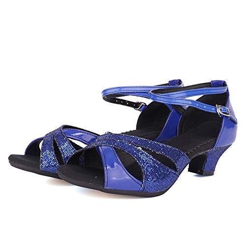 VCIXXVCE Sandalias de Fiesta de Boda para Mujer, Zapatos de Baile Latino de tacón bajo con Brillo, Modelo DY-05, Azul, EU 37.5