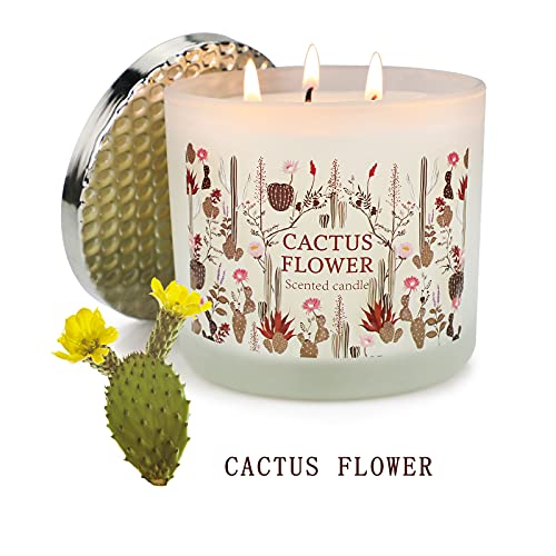 Vela Perfumada con 3 Mechas, Vela Aromaterapia de Tarro Grande, Cera de Soja de 14oz con aceites Esenciales, Flor de Cactus, Fragancia Casera, Juego de Regalo para Mujeres, Hasta 75 Horas