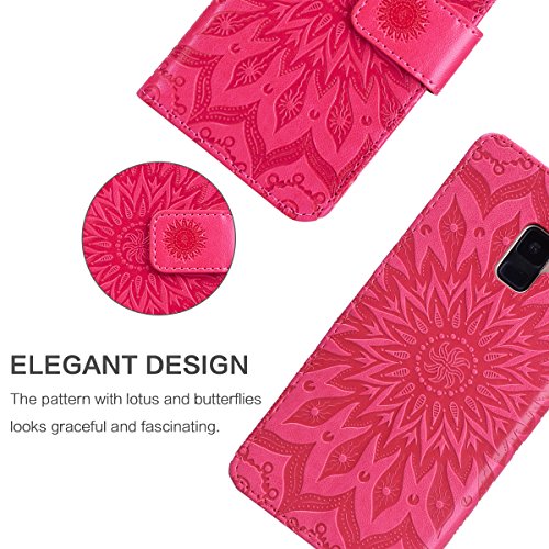 VemMore Funda Samsung Galaxy A8 Plus 2018 Cuero Fundas Libro Resistente Soporte Plegable Ranuras para Tarjetas y Billetes Cierre Magnético Ultra-Delgado Protección Flor Girasol Carcasa - Rojo