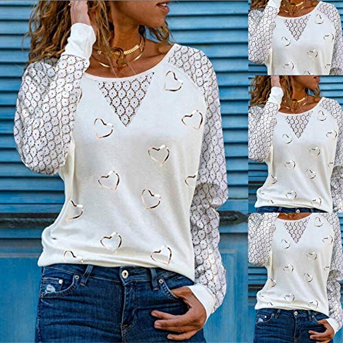 VEMOW Blusas y Camisas de Manga Larga para Mujer con Cuello en V, 2021 Moda Mujer Camiseta de Manga Larga Elegante Corazón Impreso Blusas Primavera Otoño Básico Camisa Jersey Tops(C Blanco,XXL)