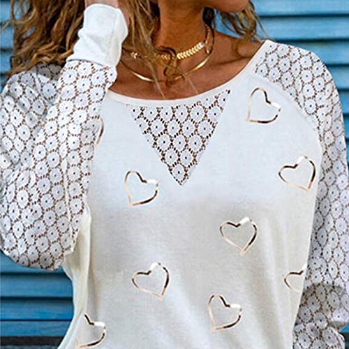 VEMOW Blusas y Camisas de Manga Larga para Mujer con Cuello en V, 2021 Moda Mujer Camiseta de Manga Larga Elegante Corazón Impreso Blusas Primavera Otoño Básico Camisa Jersey Tops(C Blanco,XXL)