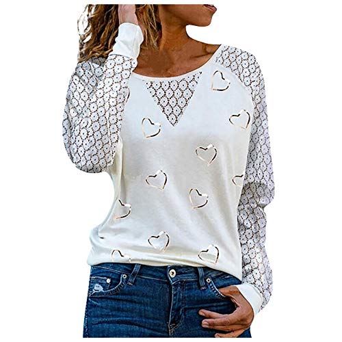 VEMOW Blusas y Camisas de Manga Larga para Mujer con Cuello en V, 2021 Moda Mujer Camiseta de Manga Larga Elegante Corazón Impreso Blusas Primavera Otoño Básico Camisa Jersey Tops(C Blanco,XXL)