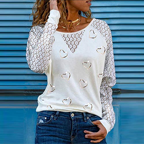 VEMOW Blusas y Camisas de Manga Larga para Mujer con Cuello en V, 2021 Moda Mujer Camiseta de Manga Larga Elegante Corazón Impreso Blusas Primavera Otoño Básico Camisa Jersey Tops(C Blanco,XXL)