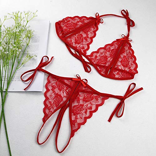 VicSec Set Bralette y Braguita Erótica para Mujer, 2 Piezas Ajustable Conjunto Sexy Sensual de Sujetador y Tanga Hilo con Entrepierna Abierta Encaje Floral - Talla única (Rojo)