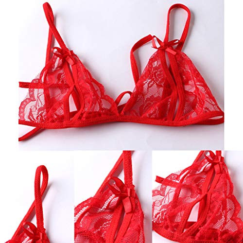 VicSec Set Bralette y Braguita Erótica para Mujer, 2 Piezas Ajustable Conjunto Sexy Sensual de Sujetador y Tanga Hilo con Entrepierna Abierta Encaje Floral - Talla única (Rojo)