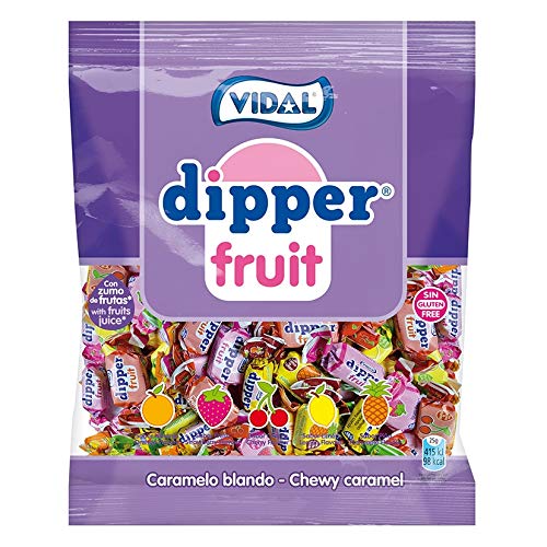 Vidal Golosinas Dipper Fruit. Caramelo blando masticable con zumo de frutas. Sabores frutales: piña, limón, naranja, fresa y cereza. Bolsa de 1kg.