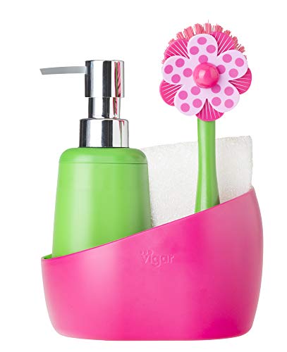 Vigar Lolaflor Set Fregadero con Cepillo, Esponja y dosificador para jabón, Material: Nylon, ABS, TPE, PVC, Silicona, Rosa, Dimensiones: 17 x 9 x 23 cm, 1 Unidades