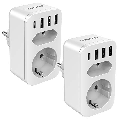 VINTAR 2PC Enchufe USB 6 en 1, Ladron Enchufes (4000W) con 3 Cargadores USB (2.4A) + 1 Puerto Tipo C (3A)+1 Toma de CA + 1 Enchufes EU, Regleta Enchufes Multiple Adaptador Enchufe con USB España