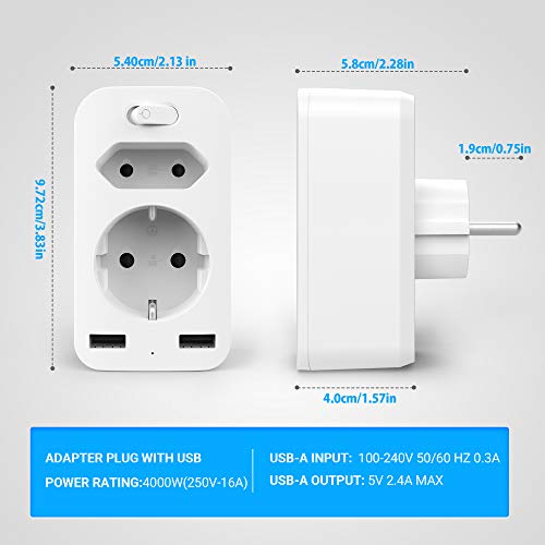 VINTAR Ladron Enchufe USB con Interruptor (4000W), Incluye 2 Enchufe USB(5V/2.4A) ， 1 Toma AC y 1 Enchufe EU,Enchufe de Pared para el Hogar, Adaptador de Enchufe Portátil para Oficina