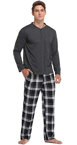 Vlazom Conjunto de Pijamas para Hombre, Pijama Hombre Invierno Parte Superior de Manga Larga, Pijama Suave y Parte Superior a Cuadros,XL,B-Negro