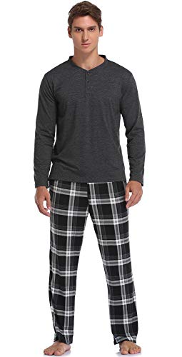 Vlazom Conjunto de Pijamas para Hombre, Pijama Hombre Invierno Parte Superior de Manga Larga, Pijama Suave y Parte Superior a Cuadros,XL,B-Negro