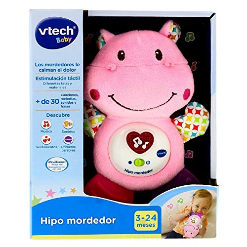 VTech Hipo Mordedor Hipopótamo de peluche musical y sonajero que ayuda a calmar y aliviar a tu bebe con tiernas frases, canciones y melodías, color rosa (3480-502557) , color/modelo surtido