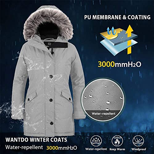 Wantdo Abrigo Cálido Antiviento Chaqueta de Algodón Invierno al Aire Libre Resistente al Agua Parka Gruesa Capucha con Pelo Desmontable para Mujer Gris L