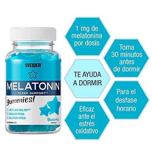 Weider Joe Victory Melatonine Up, 60 Gummies, Sabor Blueberry, 1 Mg De Melatonina Por Gominola, Sin Gluten Y Sin Azúcar, color Melatonine Up, 200 g