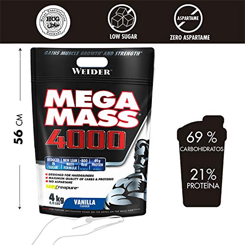 Weider Mega Mass 4000 Sabor Vainilla (4000 g). 69% de hidratos.Enriquecido con Vitaminas y Minerales. Con menos azúcares