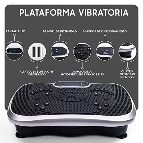 WeightWorld Plataforma Vibratoria Fitness - Máquina de Ejercicio y Masajes, Entrenamiento en Casa, con Altavoz Bluetooth, Mando a Distancia y Gomas Elásticas Fitness, 99 Niveles