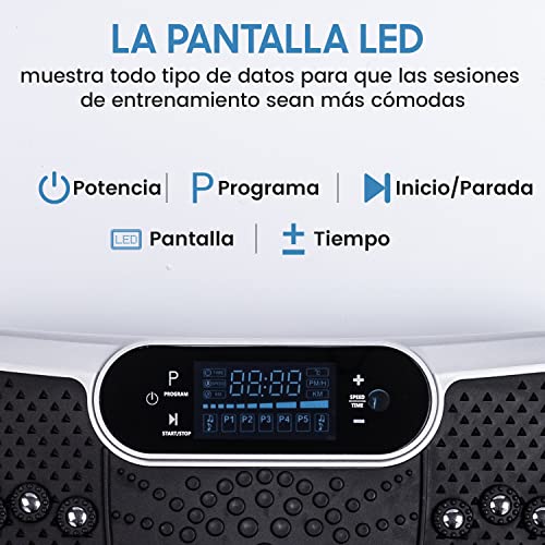 WeightWorld Plataforma Vibratoria Fitness - Máquina de Ejercicio y Masajes, Entrenamiento en Casa, con Altavoz Bluetooth, Mando a Distancia y Gomas Elásticas Fitness, 99 Niveles