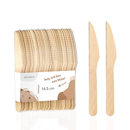 Wiseware - Cuchillos desechables de madera de abedul, 100 unidades, cuchillos desechables, biodegradables, naturales, estables, respetuosos con el medio ambiente, embalaje sin plástico