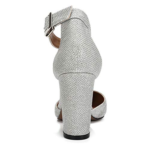 Women's Strap Heels Elegant D'Orsay Closed Pointed Toe Pumps Block Chunky High Heel Court Shoes Silver sequins-40