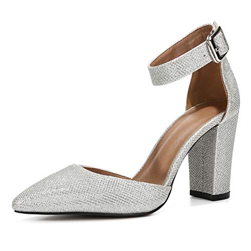 Women's Strap Heels Elegant D'Orsay Closed Pointed Toe Pumps Block Chunky High Heel Court Shoes Silver sequins-40