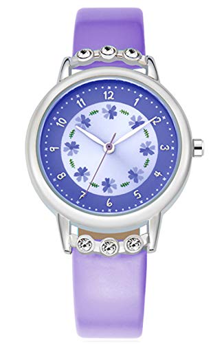 WUTAN Reloj de niña adorable correa de cuero correa de muñeca con esfera de flores con diamantes lindo reloj para niñas casual impermeable relojes de pulsera para niños reloj para niños Niñas