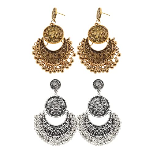 XIGAWAY Moda étnica Bali Jhumka Jhumki Brocado Oro Lotus México Gitano Pendiente, Plástico,