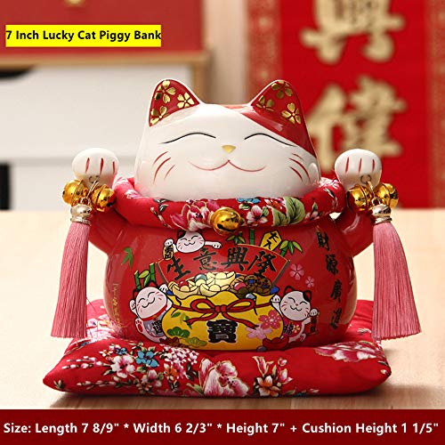 XIZHI Lucky Cat Coin Bank Estilo con Dos Campanas Decoradas con Porcelana, Feng Shui 7 Pulgadas Gato de la Fortuna significando Negocios está en Auge.