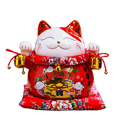 XIZHI Lucky Cat Coin Bank Estilo con Dos Campanas Decoradas con Porcelana, Feng Shui 7 Pulgadas Gato de la Fortuna significando Negocios está en Auge.