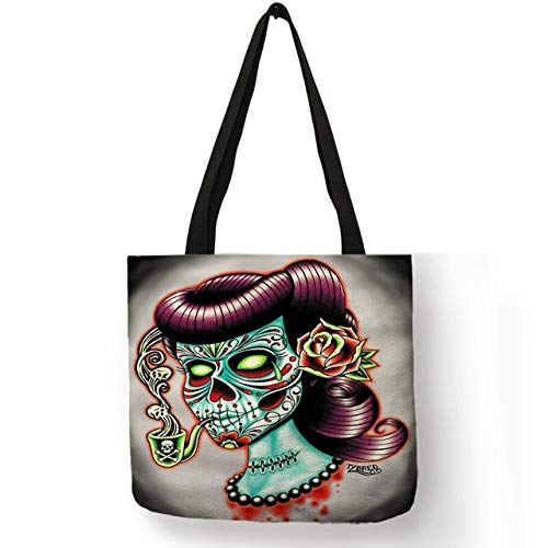 XLJJB  Nuevo Patrón De Estilo Bolsos Mujer Bolso para Damas Tatoos Arte Flor Cráneo Eco Lino Bolso De Mano Oficina Reutilizable Diario 003