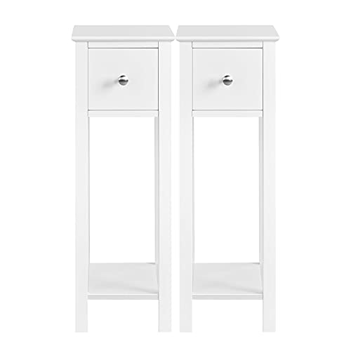 Yaheetech 2pcs Mesitas de Noche con Cajón y Estante 25x25x70cm Mesilla de Noche Alta Mesita Auxiliar de Dos Niveles para Salon o Dormitorio Blanco Satinado